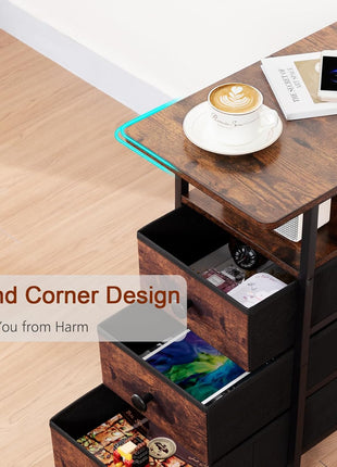 Rustic Brown End Table with Integrated Charging Station, Slim Nightstand with USB Ports and Outlets, Compact Side Table with Three Fabric Drawers for Limited Spaces, Model HETN013BR-1
