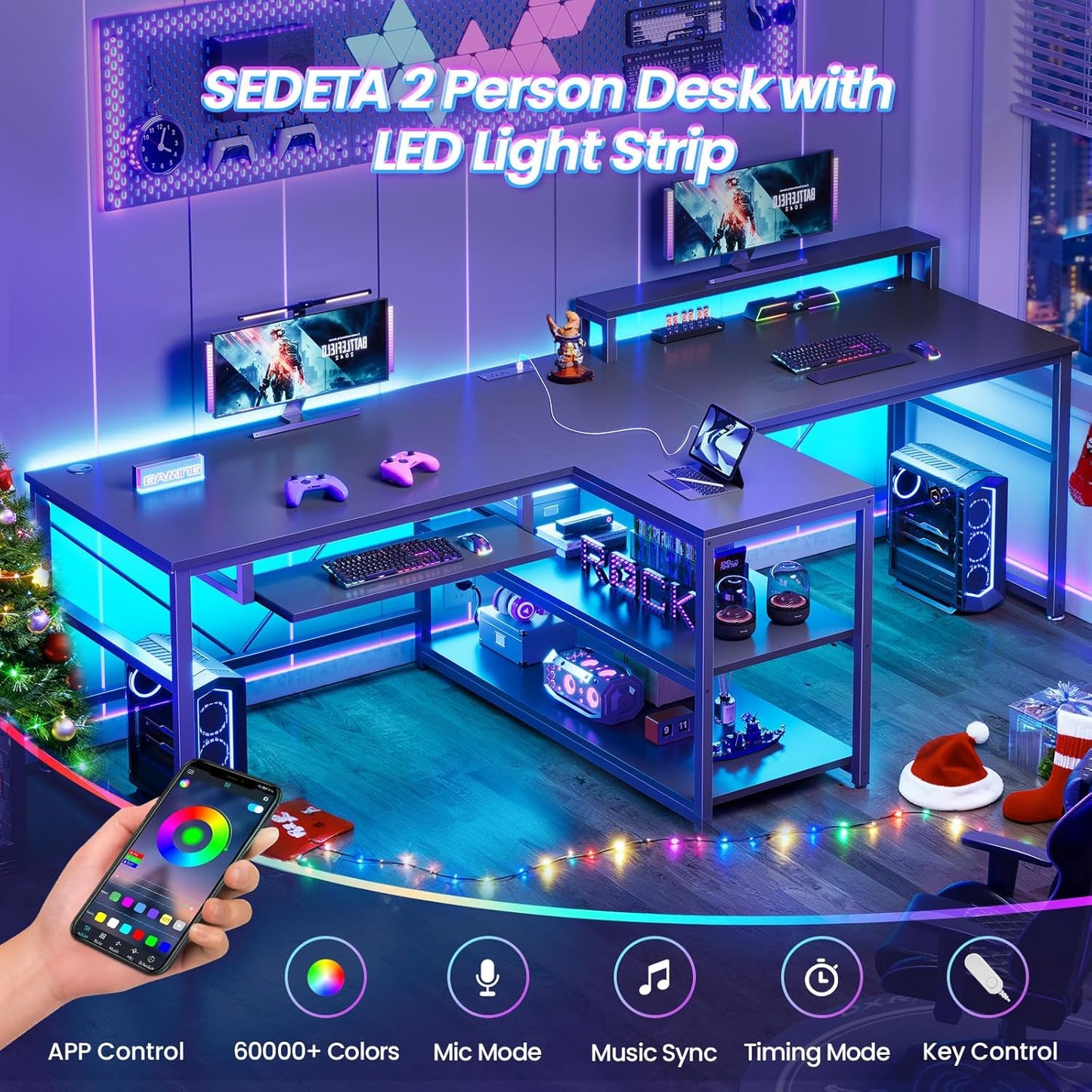 94.5" Office Computer Desk, 2 Person Gaming Desk with Storage, LED Lights, Keyboard Tray, Power Strip with USB & Monitor Stand, Long Two Person Desk for Home Office, Black