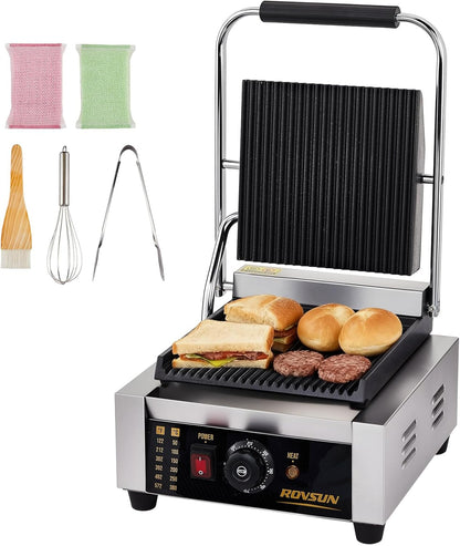 811 Commercial Sandwich Make, 1800W Stainless Steel Countertop Panini Press Grill with Adjustable Temp 122°F–572°F, for Steak, Burgers, Home & Restaurant Use, 110V, Silver