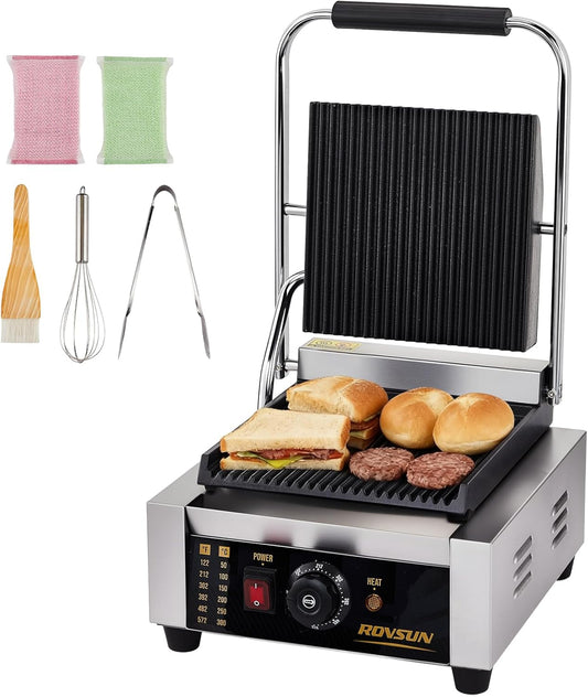 811 Commercial Sandwich Make, 1800W Stainless Steel Countertop Panini Press Grill with Adjustable Temp 122°F–572°F, for Steak, Burgers, Home & Restaurant Use, 110V, Silver