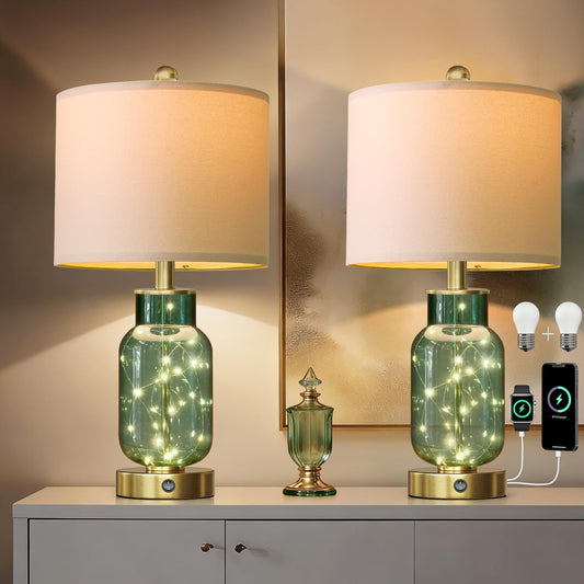 22" Glass Table Lamps Set of 2, Green Modern Bedside Lamp with LED Night Light for Living Room, Nightstand Lamp with USB Ports for Bedrooms, Study Room, End Table(2 Bulbs Included)