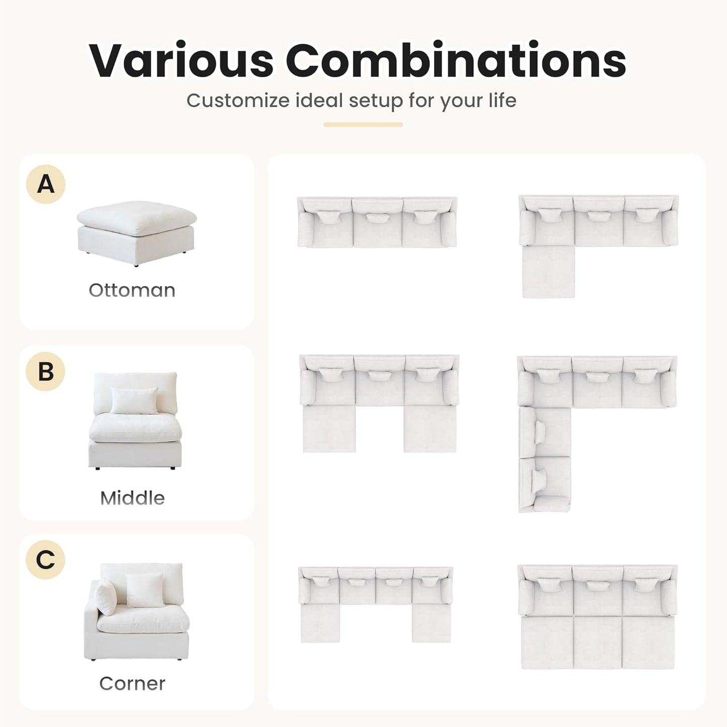 154" Modular Sectional Sofa Cloud Couch,Oversized Linen V-Shaped Sectional Sofa with Deep Seat, U-Shape 6-Seater Couch with Ottoman for Living Room in White