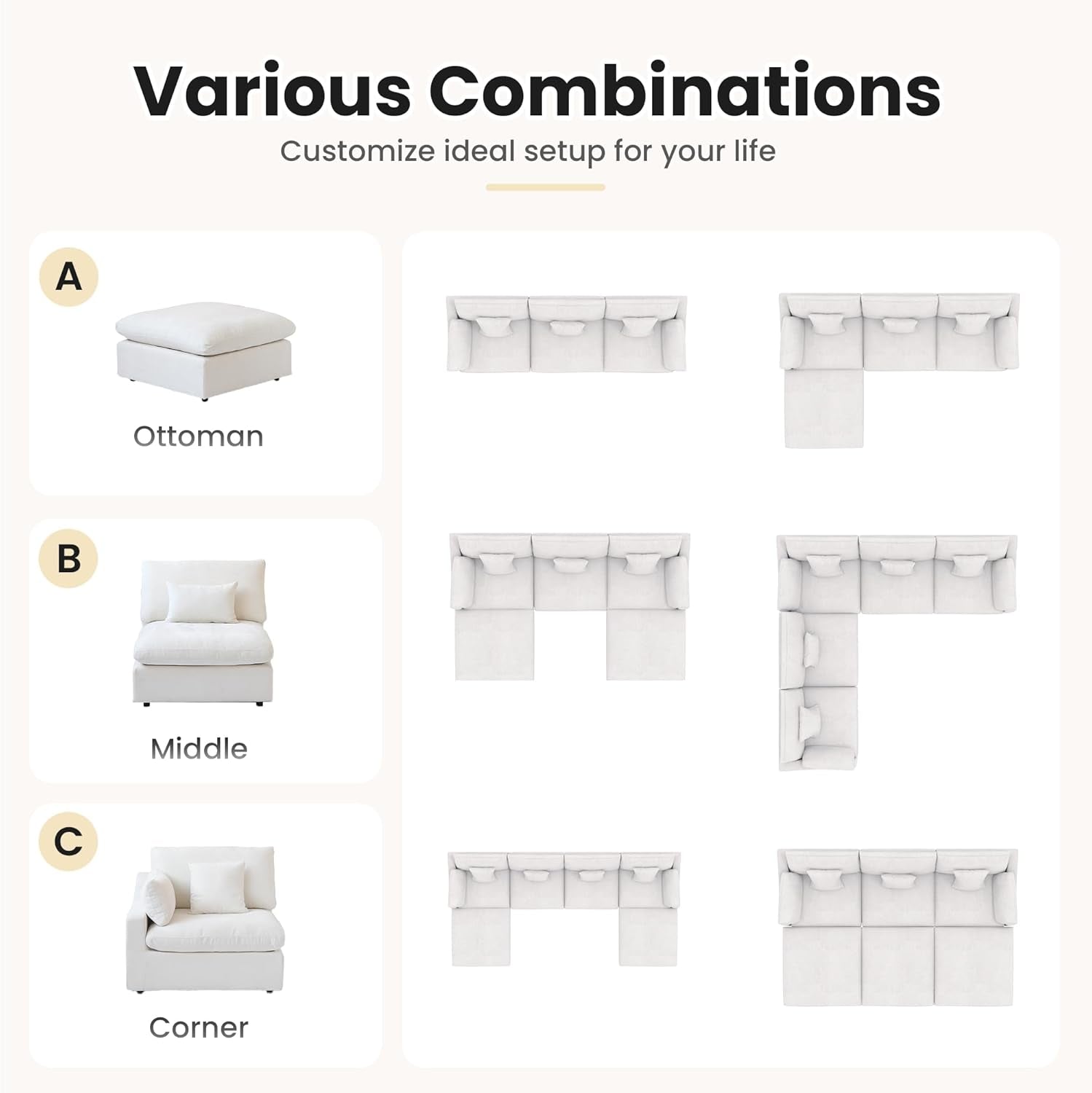 154" Modular Sectional Sofa Cloud Couch,Oversized Linen V-Shaped Sectional Sofa with Deep Seat, U-Shape 6-Seater Couch with Ottoman for Living Room in White