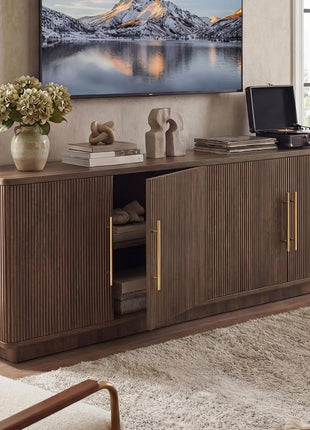 70-Inch Entertainment Center for TVs up to 80 Inches, Media Console with Four Fluted Doors and Generous Storage in Natural Oak Finish