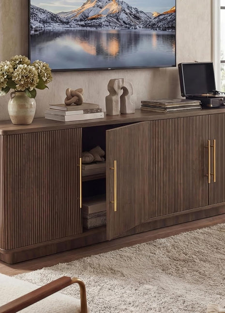 70-Inch Entertainment Center for TVs up to 80 Inches, Media Console with Four Fluted Doors and Generous Storage in Natural Oak Finish