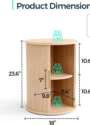 Round Fluted End Table with Sliding Tambour Door and Storage Shelf, Modern Mid-Century Nightstand in Oak Finish for Living Room and Bedroom