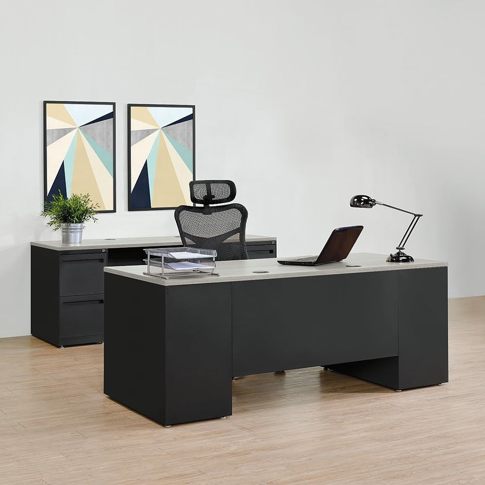 NBF Executive Office Desk and Credenza Set - Modern Home Office Desk with Durable Laminate, File and Utility Drawers (Gray)