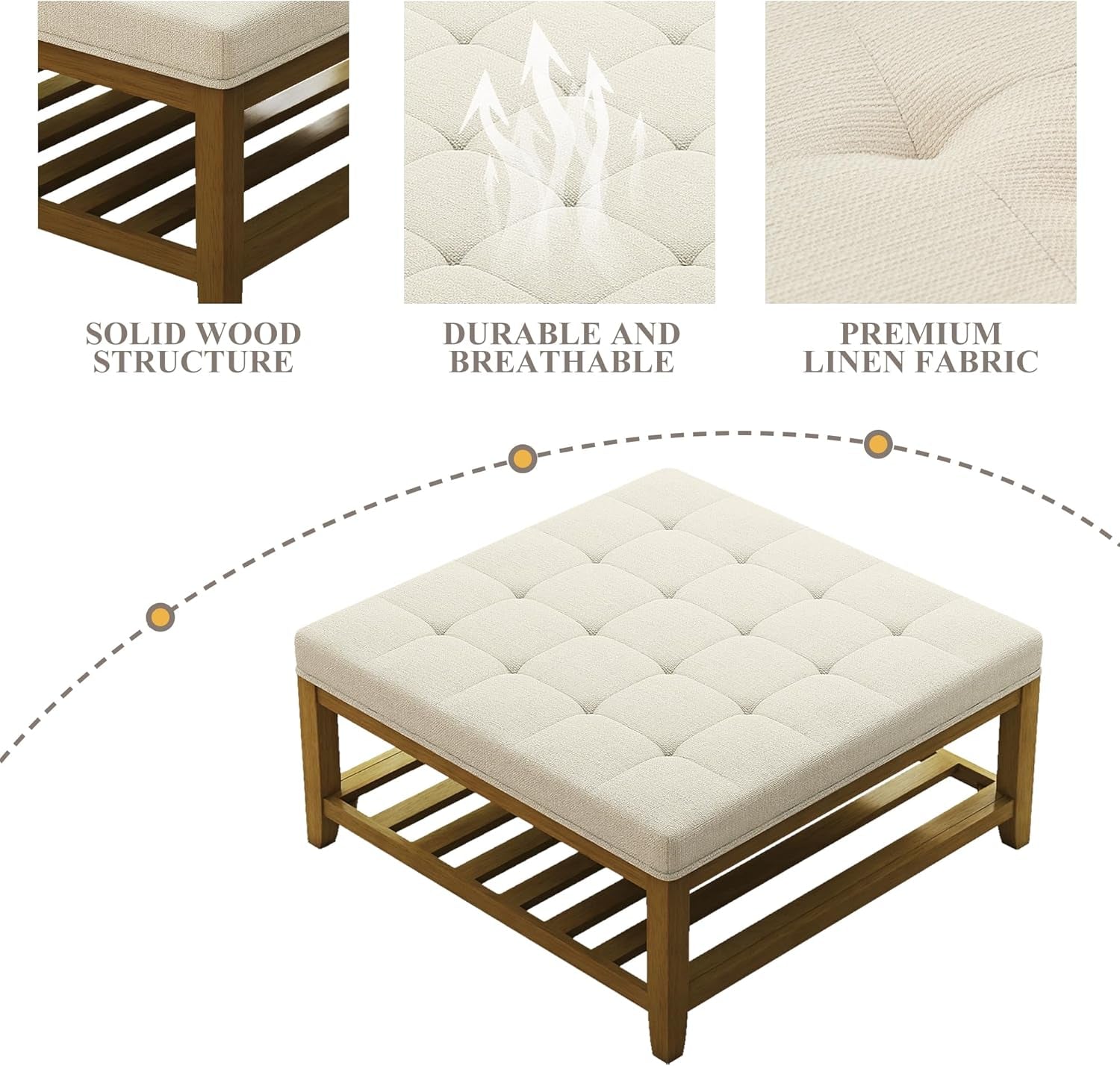Large Square Ottoman Coffee Table, Linen Solid Upholstered Footrest Ottoman with Solid Wood Shelf Storage Tufted Coffee Table for Bedroom Living Room, Ivory