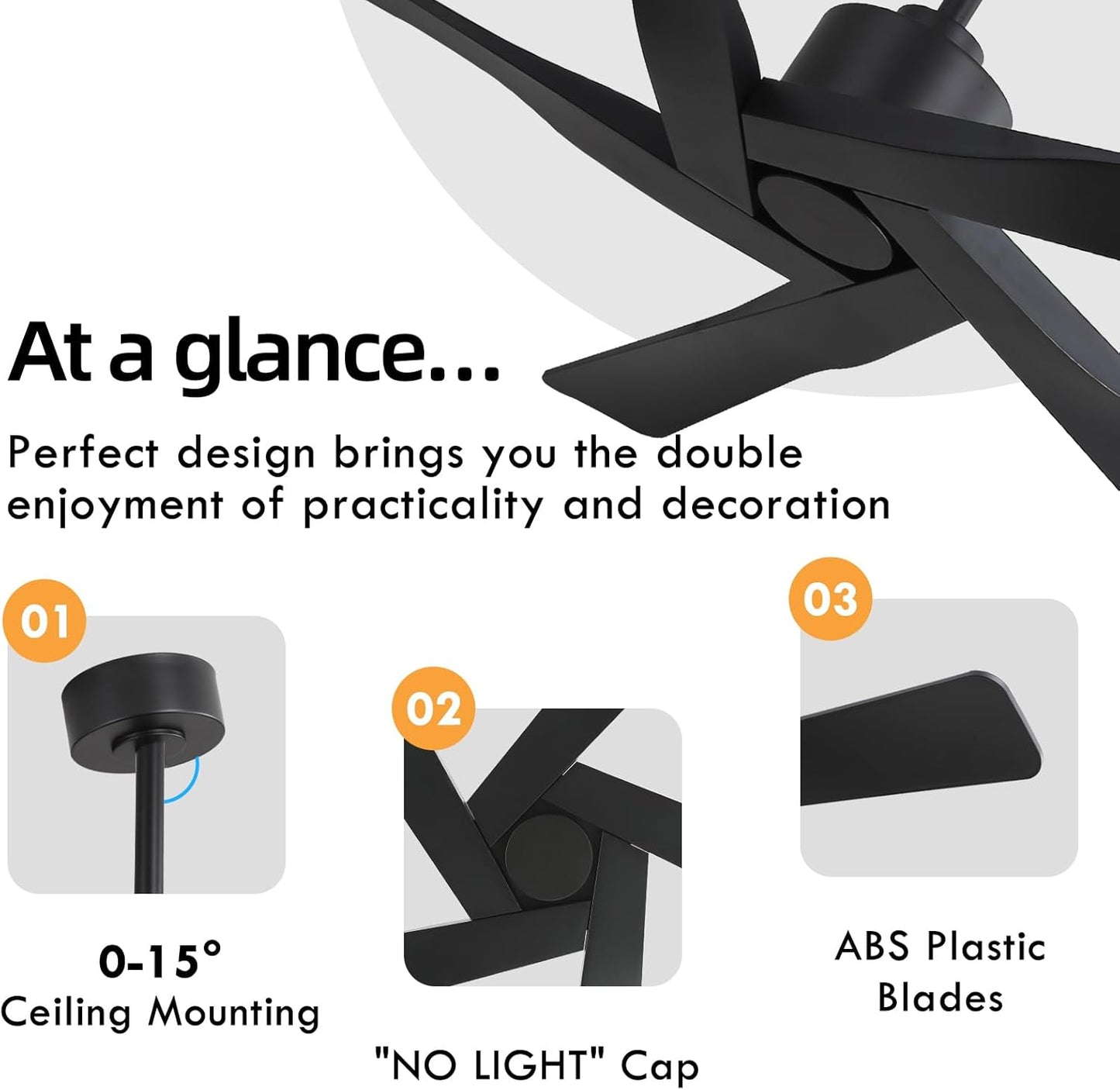 54" ABS DC Ceiling Fan No Light, 5 Blade ABS Plastic Ceiling Fan with Remote, 6-Speed Reversible DC Motor, Ceiling Fans without Light for Kitchen Bedroom Living Room, Matte Black