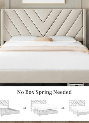 Upholstered Queen Bed Frame with Winged Headboard and Wooden Slat Support - No Box Spring Required, Beige
