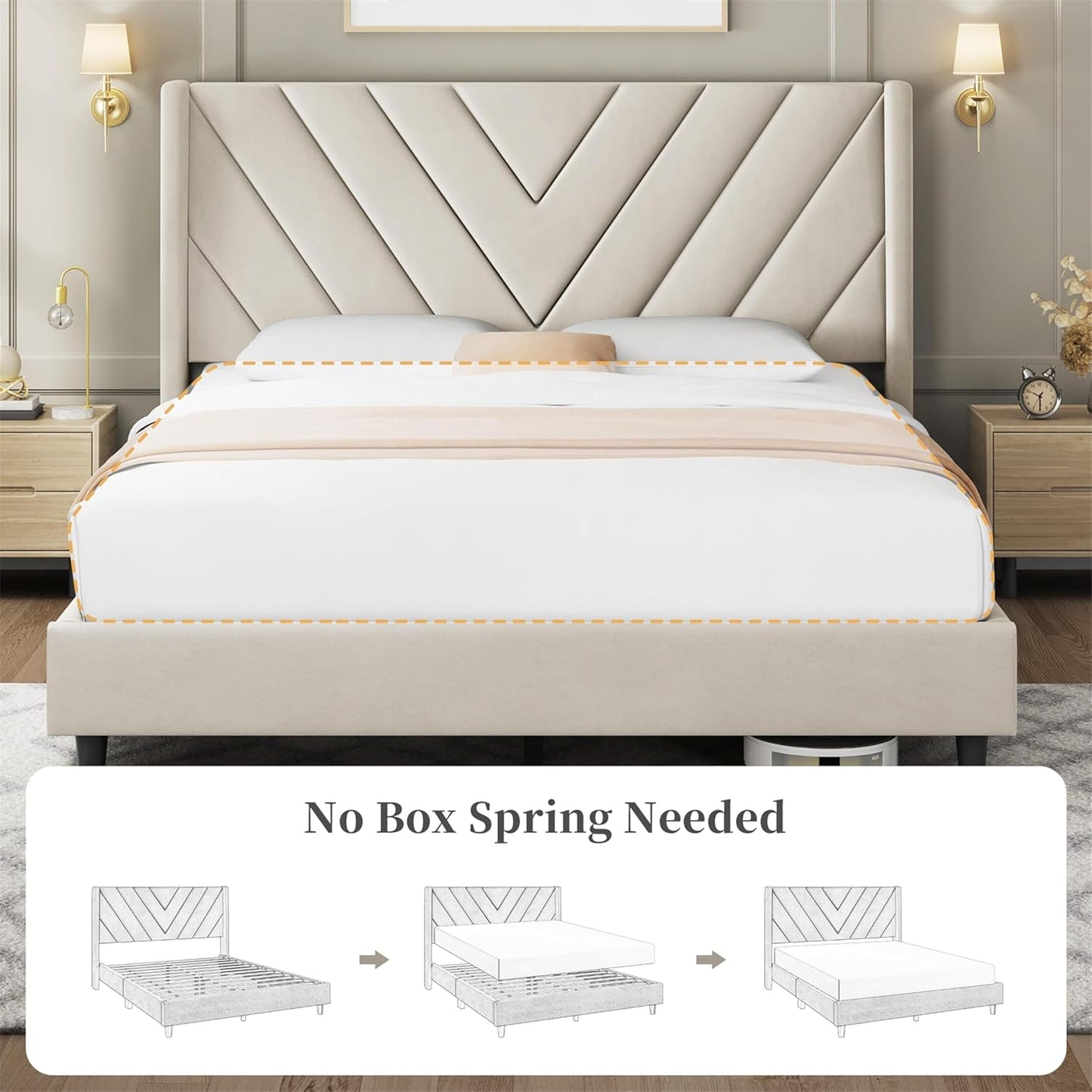 Queen Bed Frame Upholstered Platform Bed with Wing Side/Wooden Slat Support/Tufted Headboard with Wing Side/Mattress Foundation/No Box Spring Needed,Beige Queen Bed