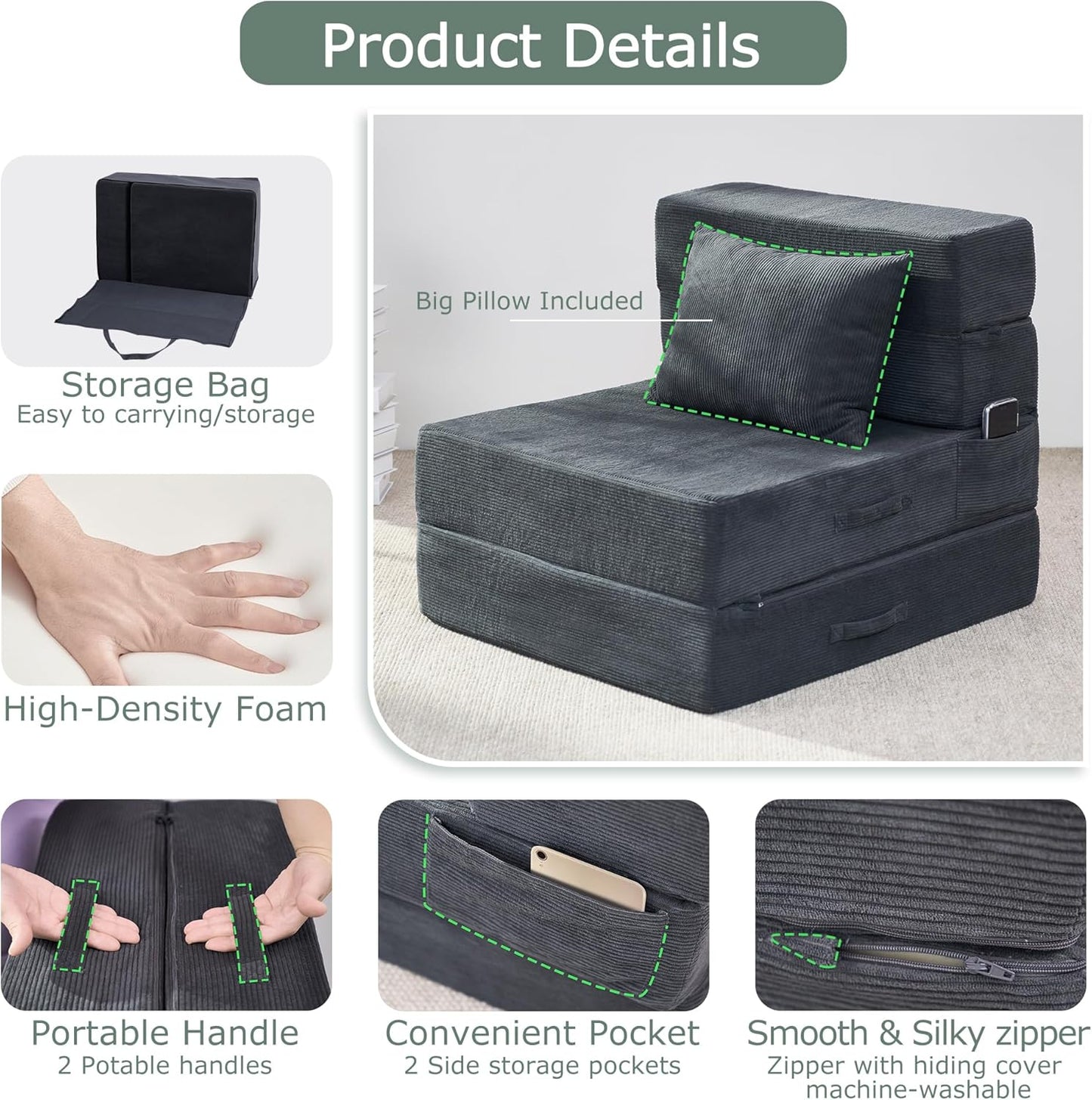 Folding Sof Bed, 4 in 1 Convertible Sleeper Chir with Pillow, Single Memory Fom Fold Out Chir Bed, Modern Floor Futon Sof Couch Mttress for Living Room/Guest/prtment, Drk Grey