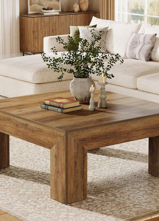 39.4-Inch Square Coffee Table - Farmhouse-Style MDF Accent Table with Durable Wooden Legs and Simple Assembly in Rustic Brown