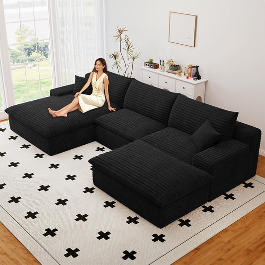 107" Cloud Couch Modular Sectional Sofa for Living Room, U-Shape Boneless Couch with Deep Seat, Modern Corduroy 3-Seater with Ottoman, No Assembly Required (Black,Left-Facing Chaise)