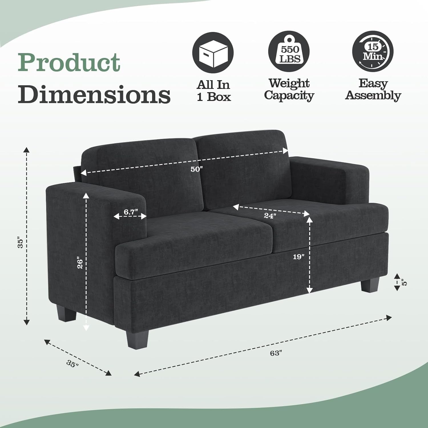 Loveseat & 3 Seater Sofa Sets, Comfy Dark Grey Couch Sofa Set for Living Room Furniture, Modern Lounge Sofa Cloud Couch for Apartment Lounge, Black Chenille