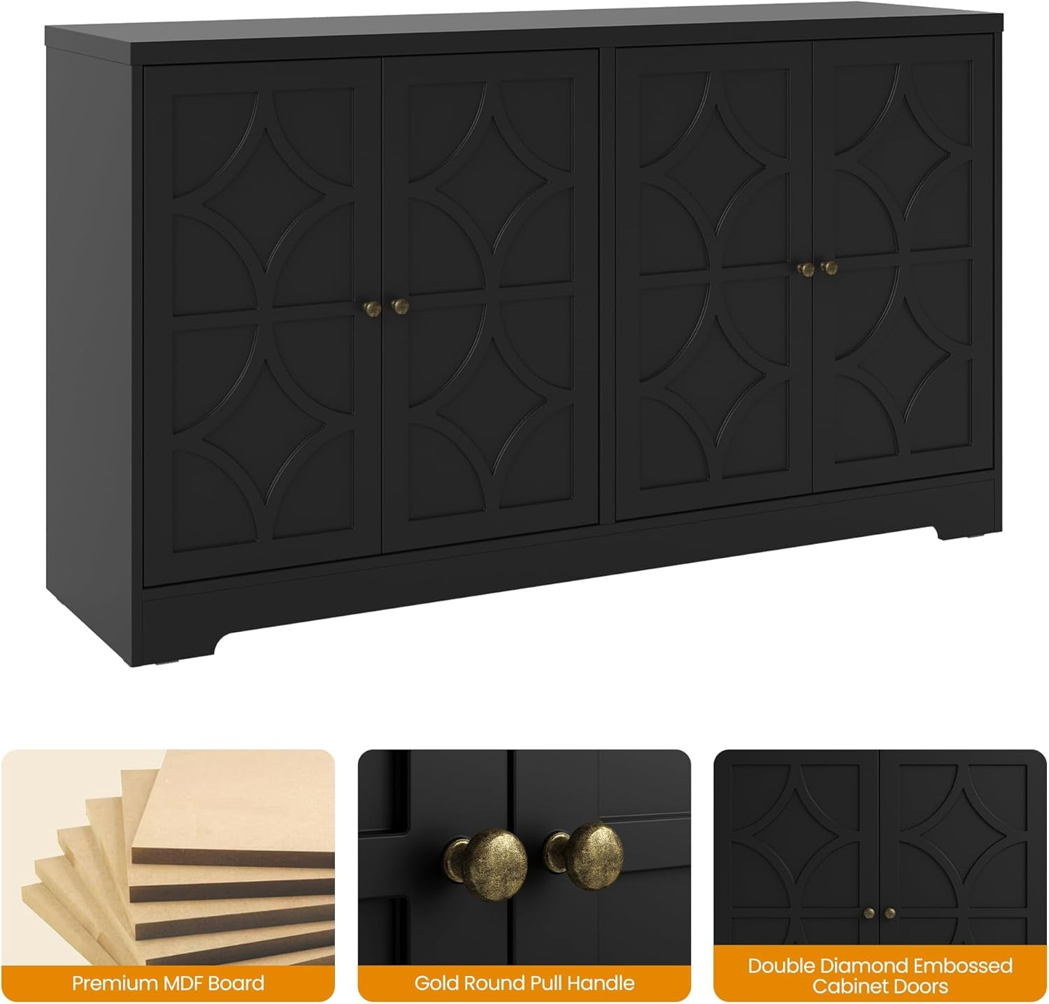 Sideboard Buffet Cabinet, 56" Modern Credenza with 4 Doors and Adjustable Shelves, Wood Accent Cabinet Console Media for Entryway, Living Room, Kitchen, Satin Black