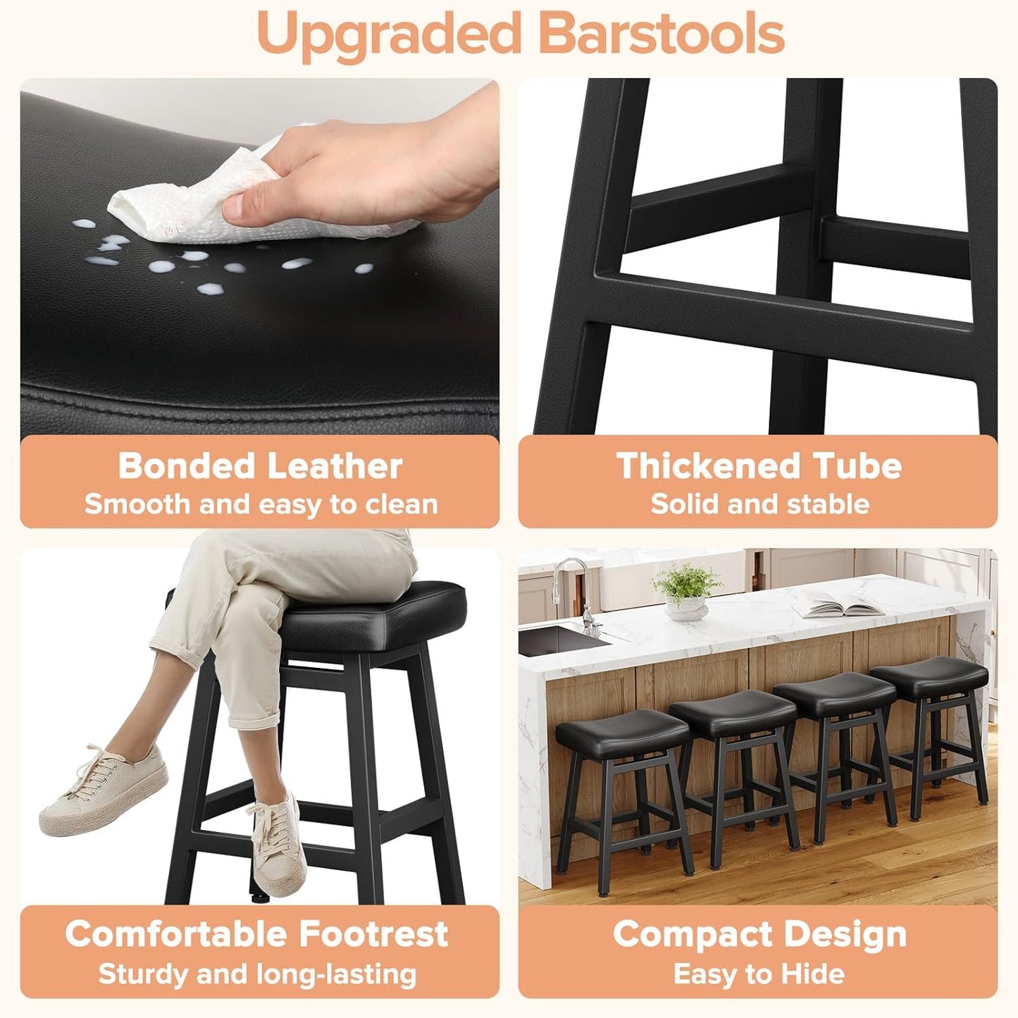 Counter Height Bar Stools Set of 2, 24 Inch Barstools for Kitchen Counter, Kitchen Stools with Bonded Leather Saddle Seats & Heavy Duty Metal Legs, Easy Assembly, All Black