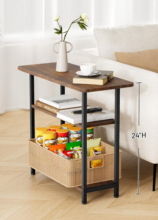 3-Tier Rustic Brown Side Table for Living Room - Narrow Nightstand with Generous Storage for Compact Spaces