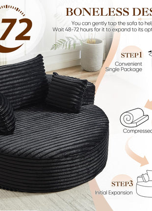 Oversized Round Chaise Lounge Chair - Modern 55-Inch Upholstered Corduroy Deep Seat Circular Sofa for Living Room and Bedroom in Black