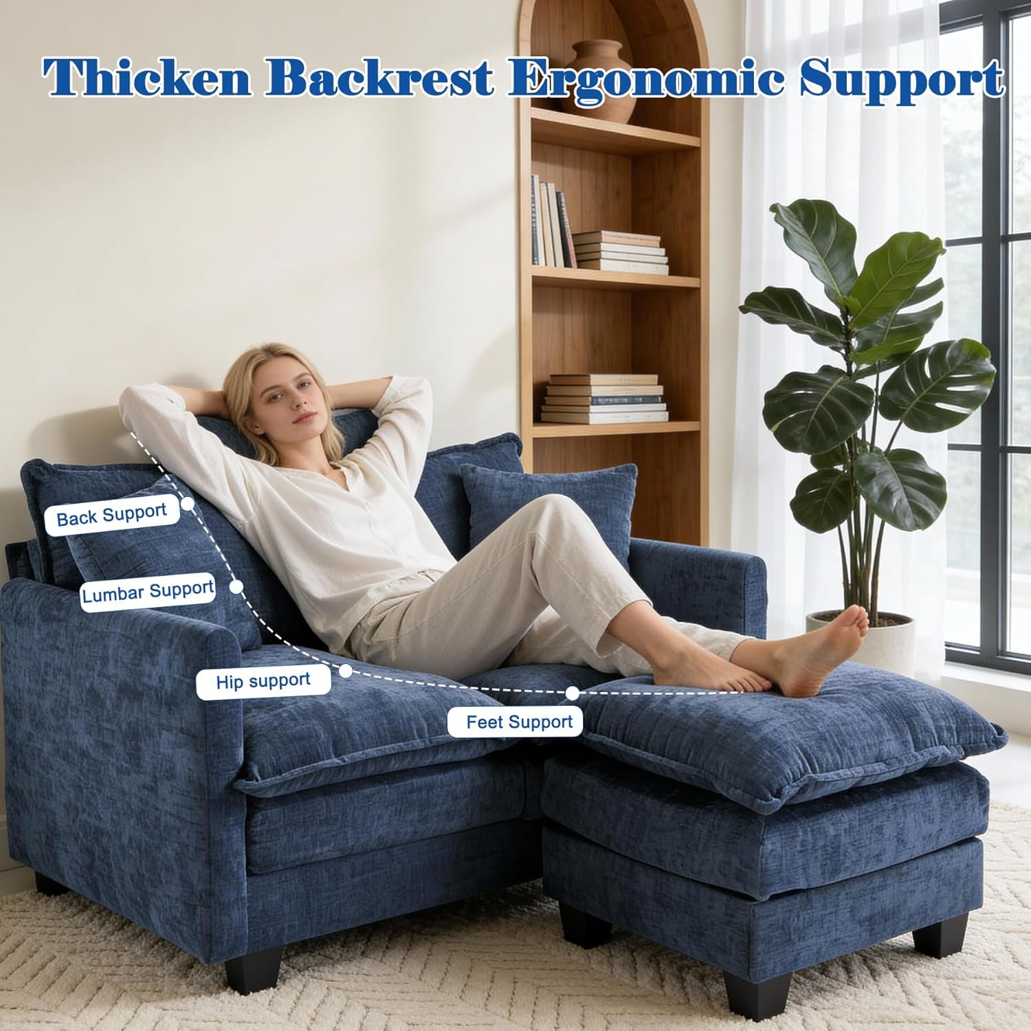 Loveseat Sofa with Ottoman, 50'' Modern L-Shape Cloud Couch Sofa Loveseat with 22'' Ottoman for Small Space/Apartment/Office/Living Room 8834-BLUE-L