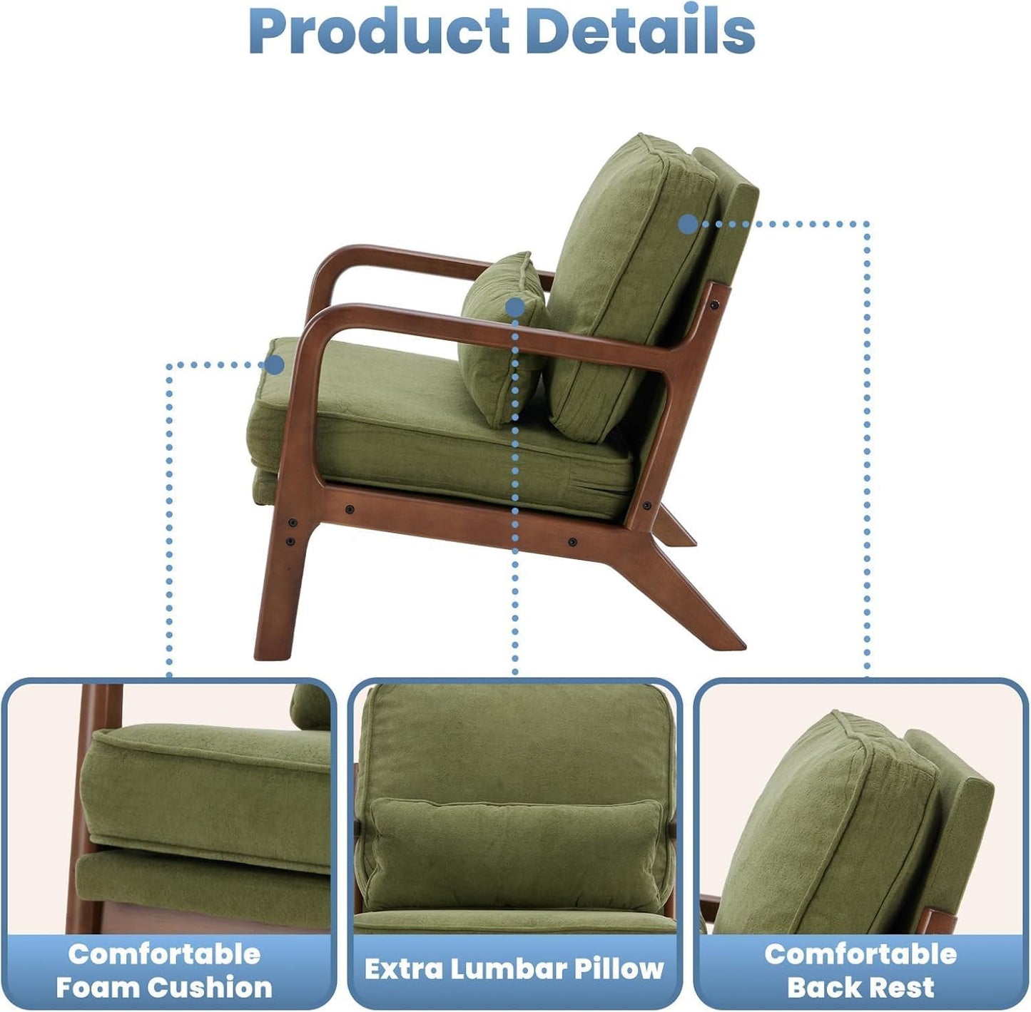 Mid Century Accent Chair, Modern Living Room Chairs with Arms and Waist Cushion, Reading Chairs for Adults, Lounge Chair for Bedroom, Solid Wooden Frame, Classic Green