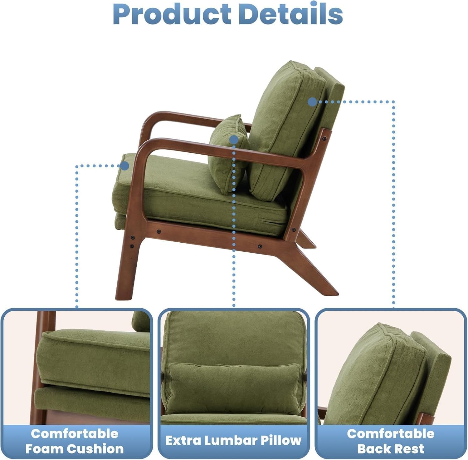 Mid Century Accent Chair, Modern Living Room Chairs with Arms and Waist Cushion, Reading Chairs for Adults, Lounge Chair for Bedroom, Solid Wooden Frame, Classic Green