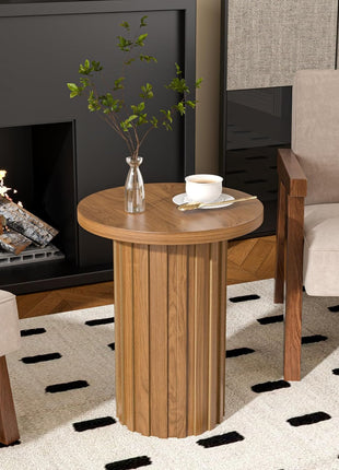 Farmhouse Round Pedestal End Table with Fluted Panel - Rustic Walnut Side Table for Compact Living Areas