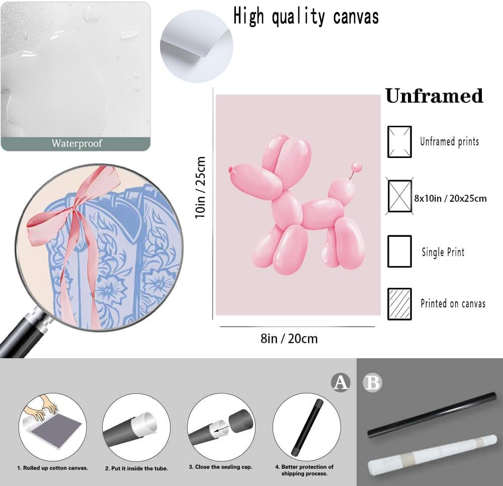 Blue and Pink Preppy Poster Set of 6 Cute Coquette Bow Boots Wall Art Aesthetic Coastal Wall Art, Trendy Girls Dorm Decor Cute Pink Bows Wall Decor for Bedroom Living Room Unframed 8X10 Inch