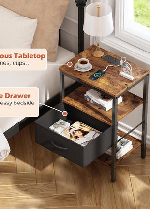 Rustic Brown and Black Nightstand with Integrated Charging Station, Adjustable Fabric Drawer, and 3-Tier Storage for Bedroom and Living Room