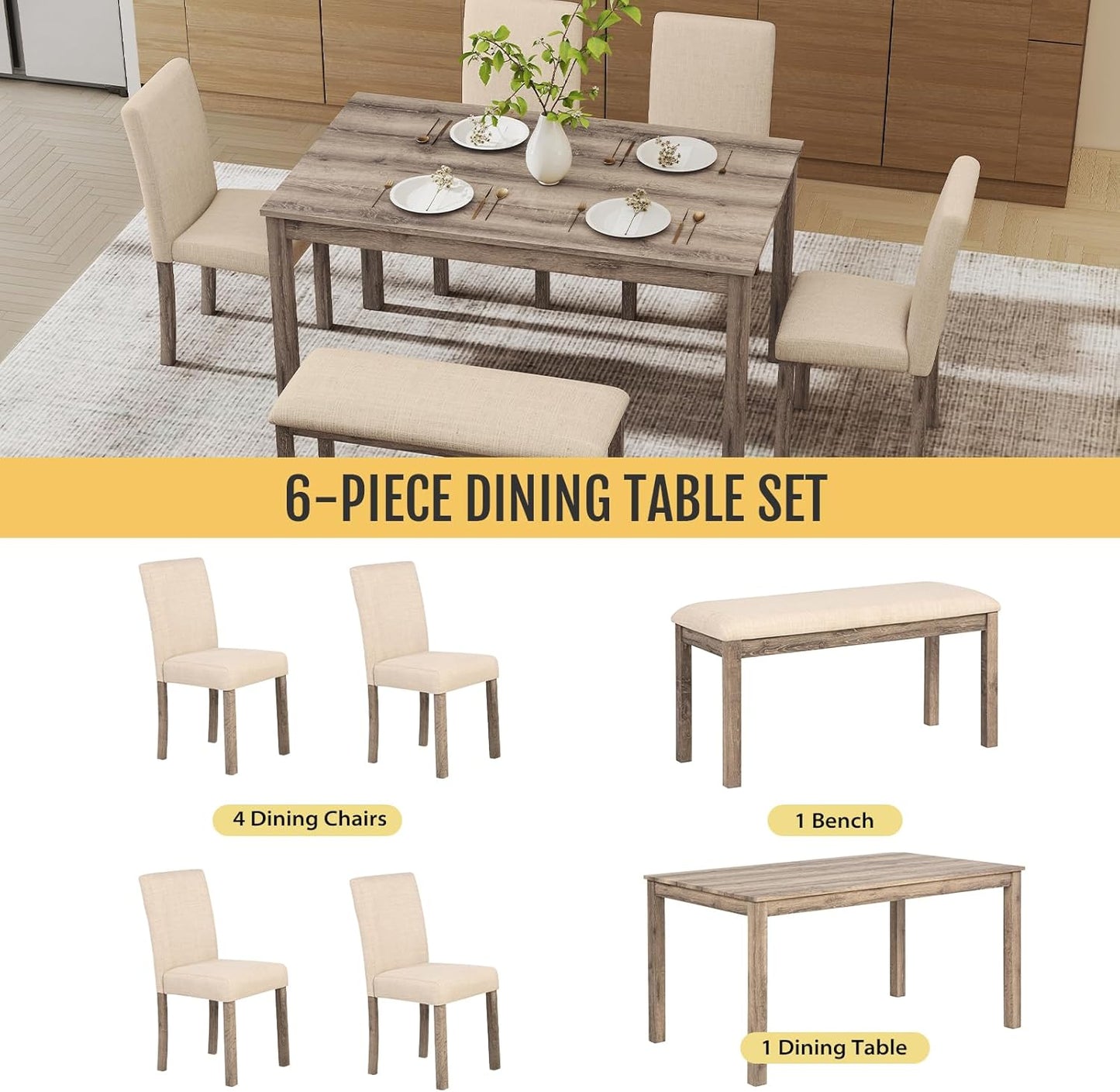 6-Piece Solid Wood Dining Table Set, Including 1 Dining Table, 4 Upholstered Chairs and 1 Bench, Wooden Legs Dining Table Set for Dining Room, Kitchen, Restaurant, Brown
