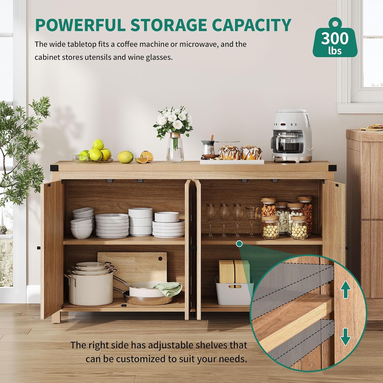 55'' Sideboard Buffet Cabinet with Storage, Farmhouse Large Coffee Bar Cabinet with Adjustable Shelf for Kitchen, Living Room, Oak