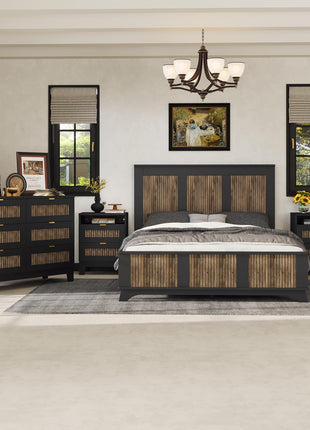 4-Piece Farmhouse Bedroom Furniture Set: Queen Size Platform Bed with Wooden Strip Accents, Two Storage Nightstands, and Dresser with Metal Handles in Black