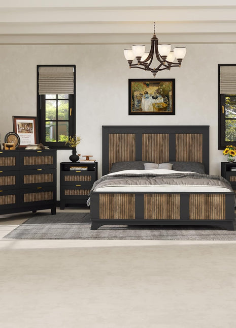 4-Piece Farmhouse Bedroom Furniture Set: Queen Size Platform Bed with Wooden Strip Accents, Two Storage Nightstands, and Dresser with Metal Handles in Black