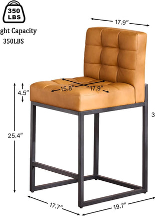 Contemporary Set of 2 Counter Height Bar Stools, 25" Brown Faux Leather with Back, Durable Metal Legs, Upholstered Checkered Design for Kitchen Island