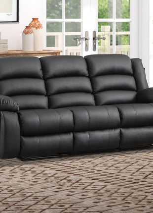 Faux Leather Manual Reclining Sofa with Dual Concealed Cup Holders and Overstuffed Armrests, 3-Seat Recliner for Living Room, Bedroom, or Meeting Room, Black