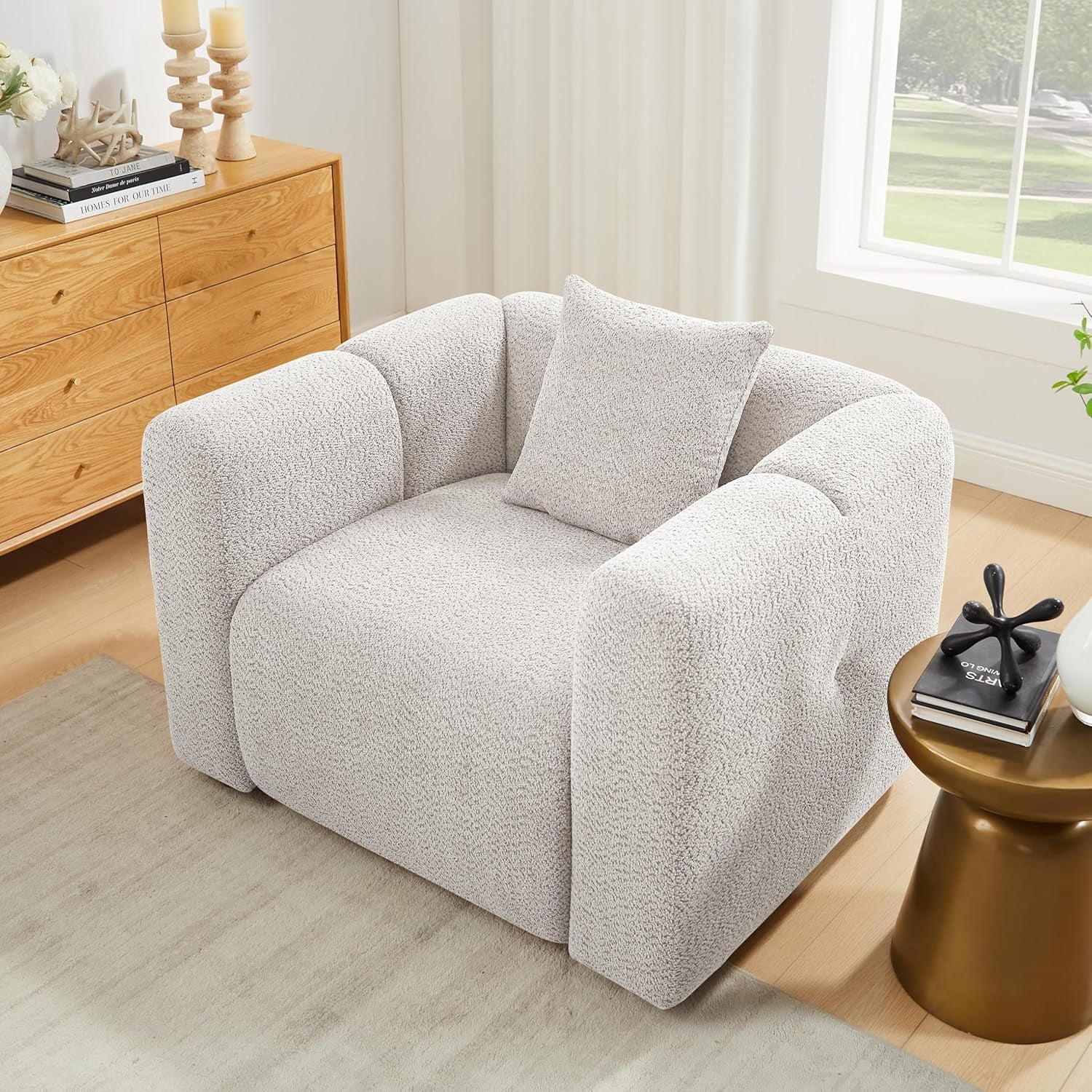 Living Room Furniture Sets Include 95" Sofa & 42" Armchairs, Boucle Upholstered Oversized Couch with Pillows, Living Room Furniture Set for Bedroom Apartment (Light Khaki, 1 Sofa+1 Chair)