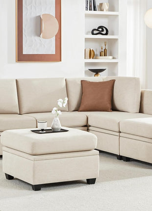 Modular U-Shaped Sectional Sofa with Storage, Convertible Design, High-Quality Soft Foam Cushions, Comfortable Seating for 6, Beige