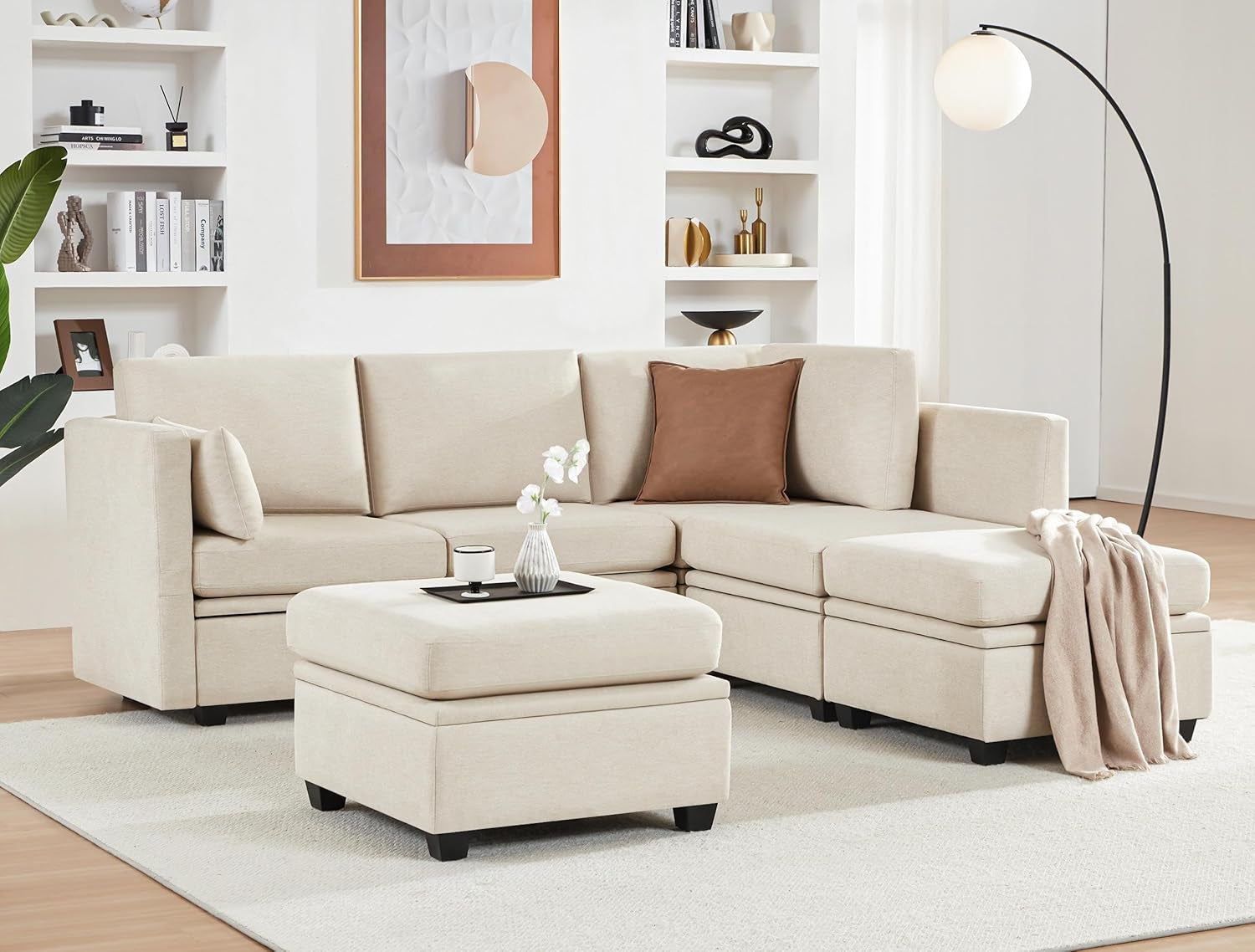 Modular Sectional Sofa with Storage, U Shaped Sectional Couch for Living Room, Convertible Modular Sofa Couch with Ottomans, High Supportive & Soft Sponge, 6 Seat, Beige
