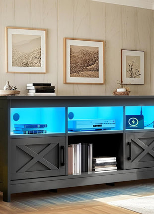 65-Inch Media Console with Storage Cabinets, Power Outlet, LED Lighting, and Barn Doors - Black TV Stand for Living Room