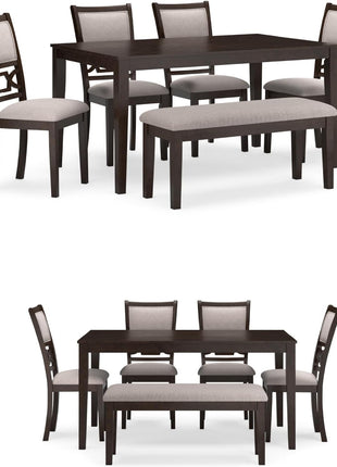 Langwest Dining Room Table Set by Signature Design by Ashley, Featuring 4 Upholstered Chairs and a Bench, Accommodates 6, Cushioned Seating, Cherry Brown Wood Finish