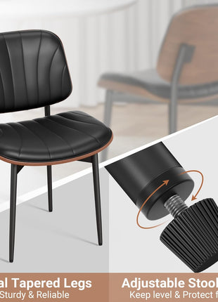 Set of 6 Mid-Century Modern Upholstered PU Leather Dining Chairs with Walnut Bentwood Back and Metal Legs, Featuring Adjustable Feet for Kitchen and Dining Room, Black Shell Strips