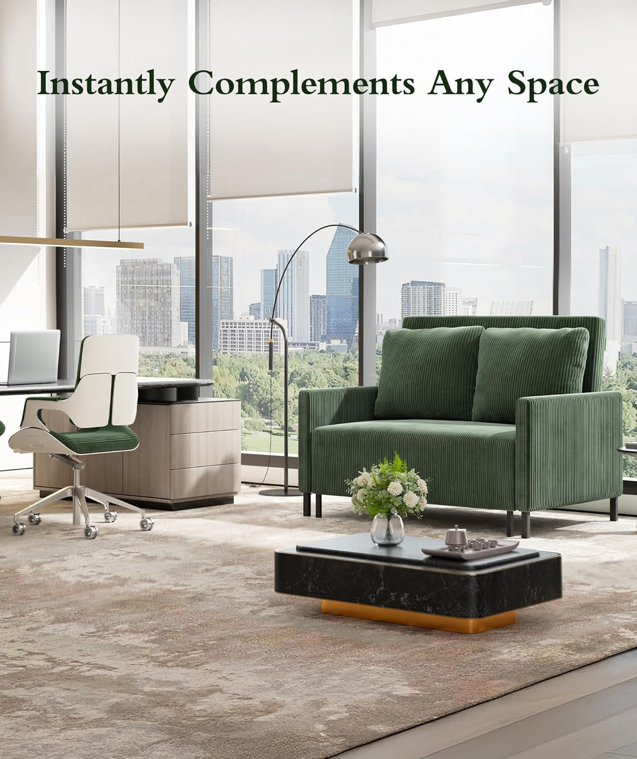 Corduroy Convertible Sofa Bed, 47" Loveseat Sleeper Sofa, Pull Out Couch 618Lb Capacity, Modern Sleeper Couch Bed 2 Fluffy Pillow Include, Small Couches for Small Spaces/Apartment/Office, Forest Green