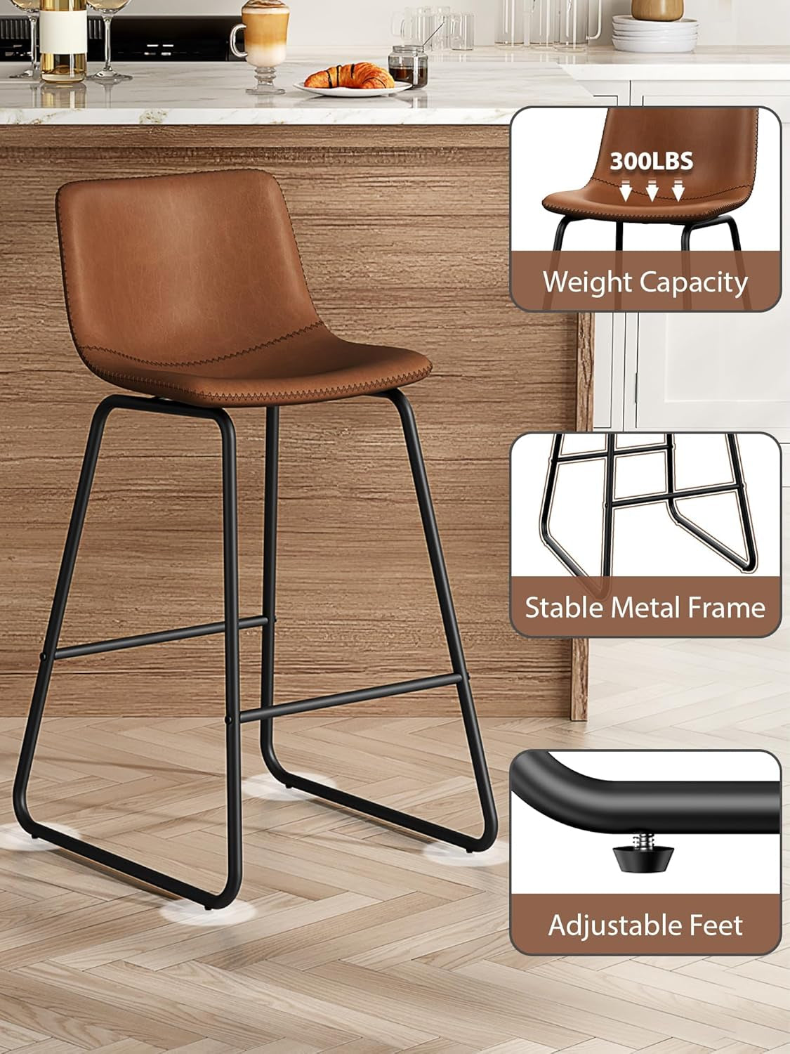 Bar Stools Set of 3, 26 Inches Counter Height Bar Stools with Back, Modern Faux Leather Barstools with Metal Legs and Footrest, Bar Chairs for Kitchens Island (Dark Brown)