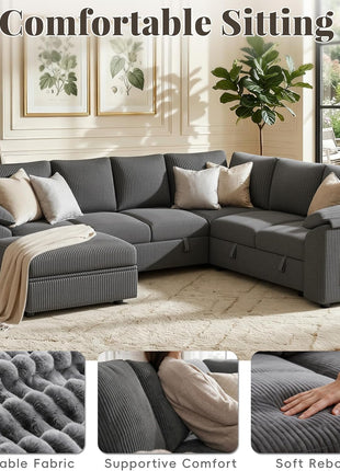 108-Inch U-Shaped Modular Sectional Sleeper Sofa Bed, 7-Seat Design with Storage, Corduroy Fabric, Removable Cover, Dark Grey
