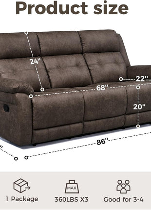 Oversized Manual Recliner Sofa - 86” Extra Wide Three-Seater Couch for Living Room with Dual Pull Handle Recliners, Upright Middle Seat, One-Piece Design, No Assembly Required, Performance Fabric