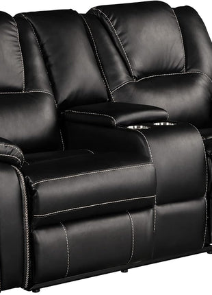 Bonded Leather Manual Recliner Sofa Set - Black Lounge Chair and Loveseat for Living Room