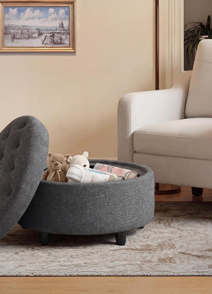 Round Fabric Storage Ottoman with Reversible Tray Lid – Versatile Footrest and Hidden Storage Solution, Durable and Elegant Small Coffee Table for Living Room, Bedroom, or Entryway (Dark Grey)