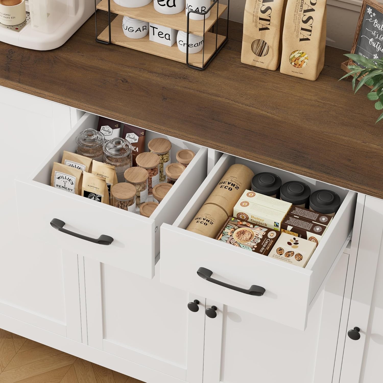 55" Buffet Cabinet with Storage, Kitchen Buffet Sideboard with Drawers, Large Storage Cabinet with Doors and Shelves, Modern Farmhouse Coffee Bar for Kitchen, Dining Room, Living Room, White