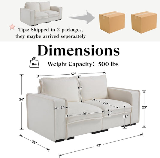 HEAY-YO 67 Inches Modern Modular Sectional Sofa,2-Seater Comfy Couch with High Density Foam and Armrests,Floor Sofa for Living Room Bedroom Apartment,Linen White