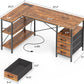 L Shaped Office Desk with Power Outlets, 47 Inch Computer Desk with 3 Drawers, Shelves, for Gaming, Corner Work, Home Office, Study, Rustic Brown